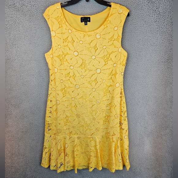 Connected Apparel Coming Up Daisy Yellow Perfect Summer Dress Sz 14 Lace Overlay - Picture 2 of 11
